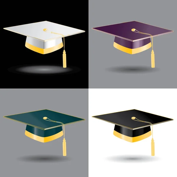 Casquettes d'étudiant diplômé avec des éléments dorés — Image vectorielle
