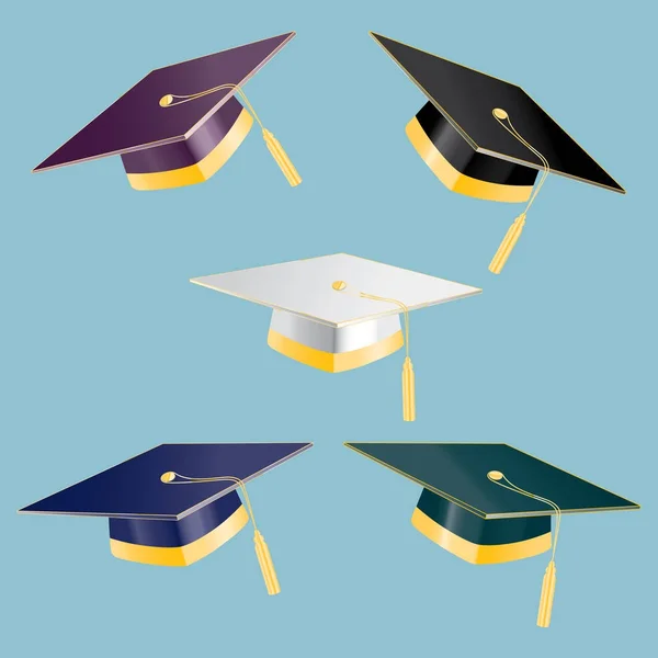 Set di 5 cappelli per studenti di laurea — Vettoriale Stock