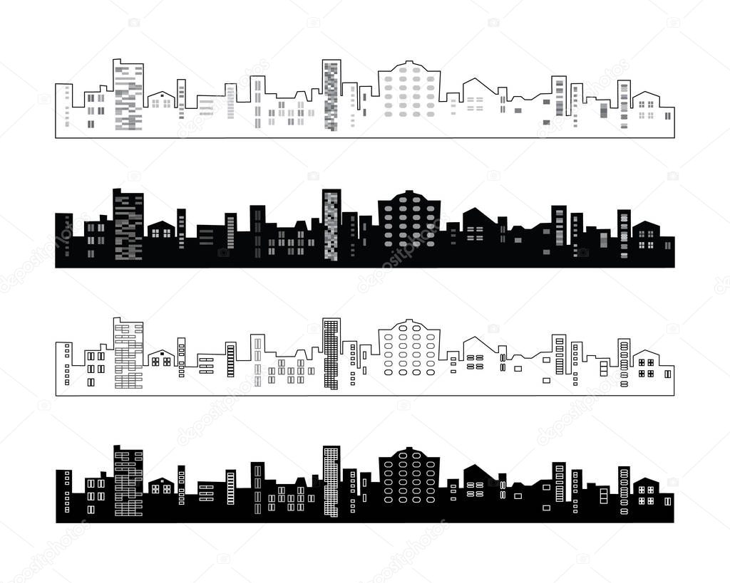 Set of black and white silhouettes of buildings