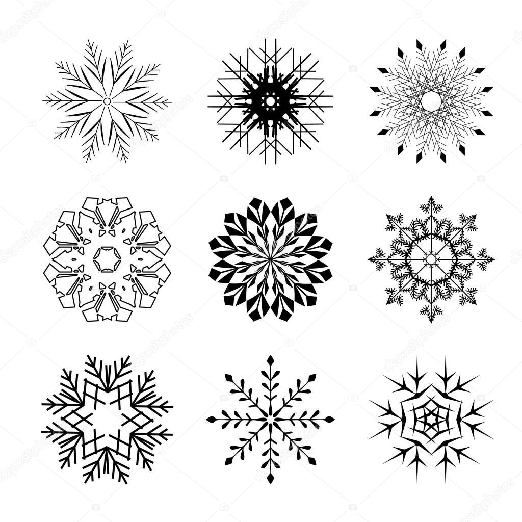 Set of black snowflakes. Vector crystal element. Winter collection isolated icon silhouette.