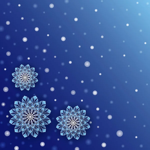 Tmavě modré sněžení zimní pozadí s rozmazanými tečkami a 3D sněhové vločky — Stock fotografie