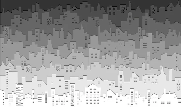 Paysage monochrome skyline avec ombre. Silhouette moderne des bâtiments. Paysage urbain nocturne dans le style dessin animé. Paysage urbain horizon arrière-plan abstrait de la grande ville — Image vectorielle