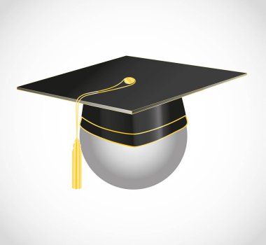 Black graduation student hat. Education cap with golden elements on white background