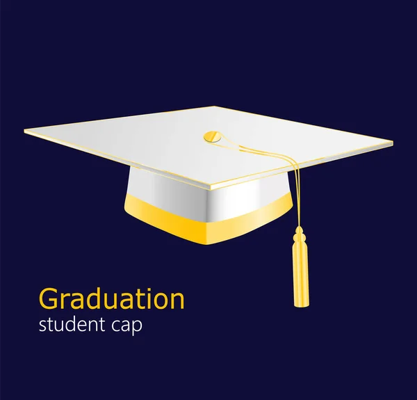 Sombreros de estudiante de graduación blanca con elementos dorados de fondo oscuro. Vector moderno tope de educación — Vector de stock
