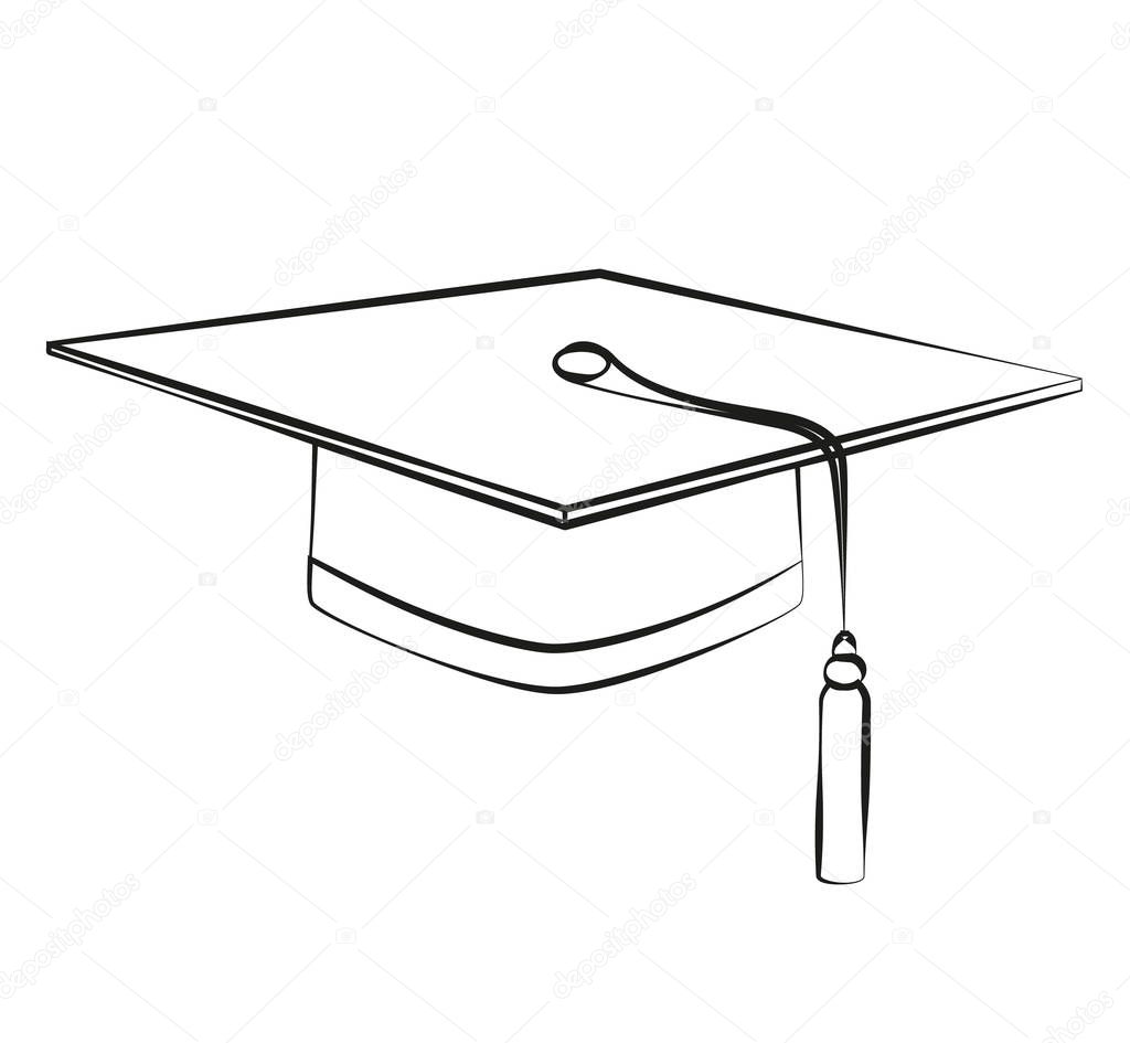Vector black lines graduation student hats. Sketch education cap logo