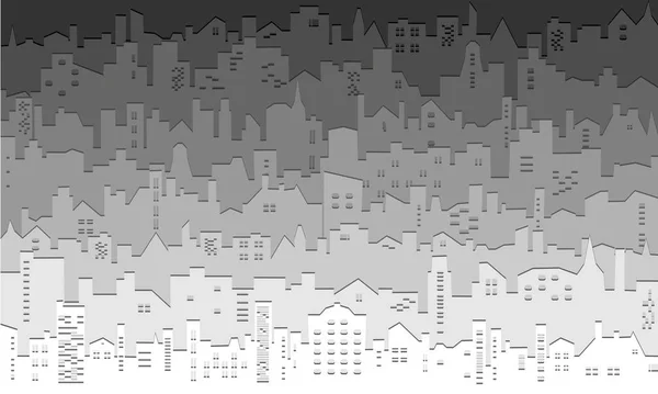 Monochromatyczna panorama krajobrazu z cieniem. Nowoczesna sylwetka budynków. Nocny pejzaż miasta w kreskówkowym stylu. Urbanistyczny krajobraz panorama abstrakcyjne tło dużego miasta — Zdjęcie stockowe