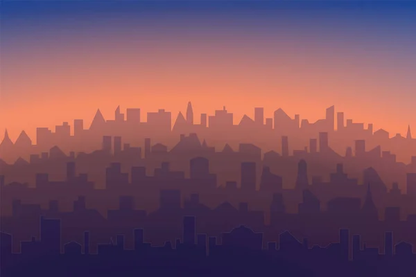 Stadtbild mit Sonnenaufgang oder Sonnenuntergang. Horizontale Morgen- oder Abendlandschaft der modernen Stadt. Abstrakte Illustration Silhouetten von städtischen Gebäuden — Stockfoto
