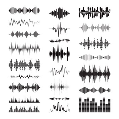 Beyaz zemin üzerinde ses sembolleri olan siyah ses dalgaları logosu koleksiyonu. Modern müzik eşitleyici elementler ayarlandı. Dijital izole edilmiş çizim. Vektör dalga biçimi teknolojisi