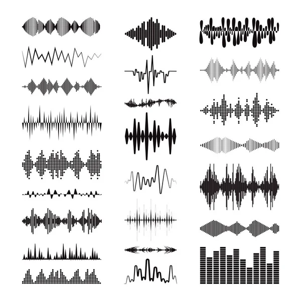 Černá kolekce zvukových vln se zvukovými symboly na bílém pozadí. Moderní hudební ekvalizér prvky nastaveny. Digitální plochá izolovaná ilustrace. Technologie vektorových vln — Stockový vektor