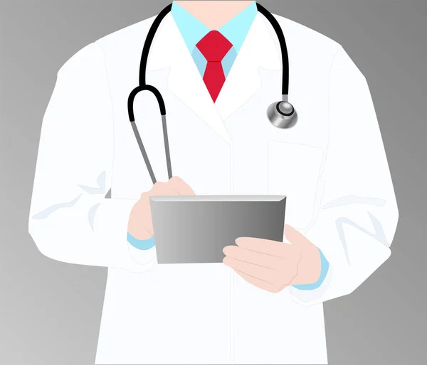 Antecedentes médicos vetoriais. Imagem de tela Médico de casaco branco com estetoscópio e tablet. Corpo médico fechar sem cabeça . — Vetor de Stock