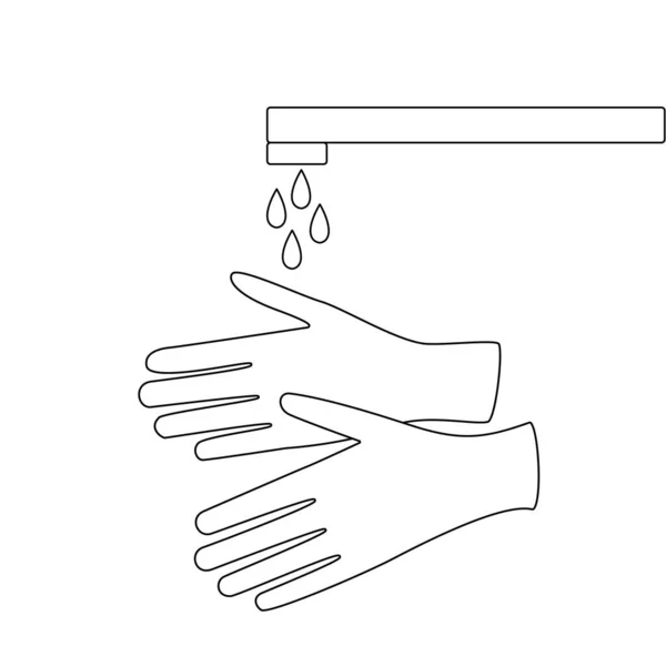 손씻는 것의 벡터 그림을 스케치하 세요. 바이러스 예방을 위한 컨셉트 보호로서 수돗물 아래 손을 씻는다. 건강 한 세수, 건강 관리, 의료, 수술, 개인위생 — 스톡 벡터
