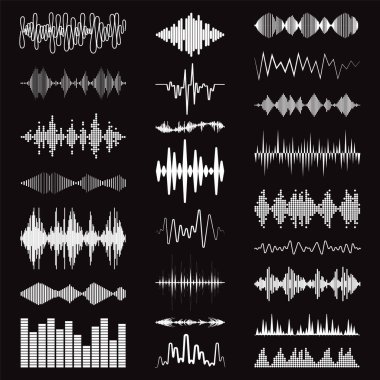 Siyah arka planda beyaz ses dalgaları logosu koleksiyonu. Modern müzik eşitleyici elementler ayarlandı. Dijital dairesel izole ses sembolleri. Jpeg dalga biçimi teknolojisi çizimi