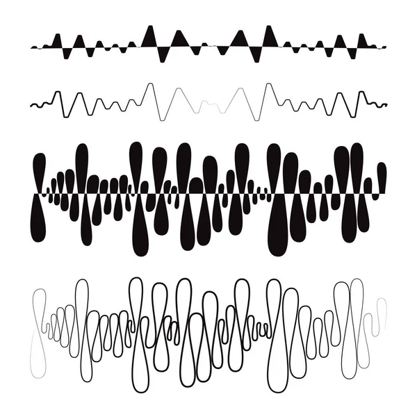 Черные звуковые волны логотип установлен на белом фоне. Современная музыка уравнивает элементы, звуковые символы. Технология векторных цифровых сигналов — стоковый вектор