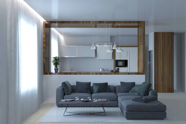 Moderno studio kithcen con soggiorno divano grigio — Foto Stock