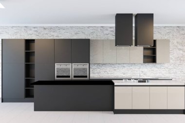 Tuğla duvar iç minimalist siyah beyaz mutfak