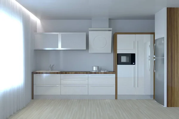 Nowy biały nowoczesną kuchnię z drewna i okna — Zdjęcie stockowe