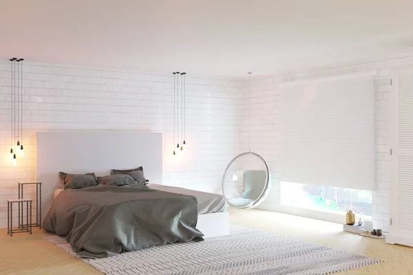 Nuova camera da letto accogliente con grande finestra e pareti in mattoni — Foto Stock