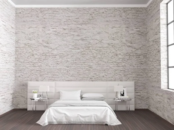 Camera da letto bianca in mattoni pareti soppalco interno — Foto Stock