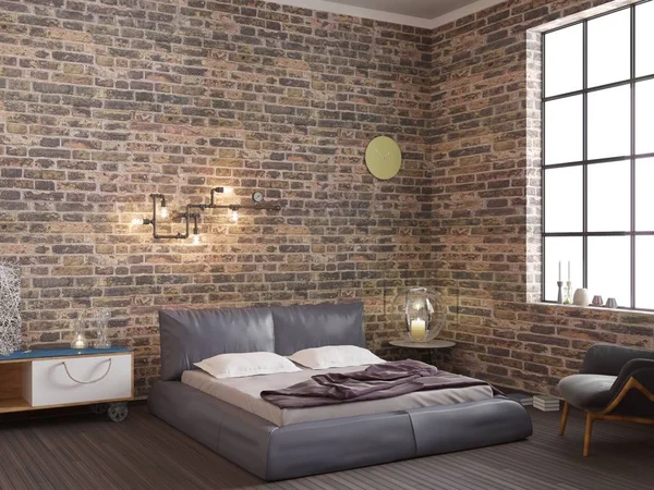 Donkere bakstenen muur loft interieur slaapkamer — Stockfoto