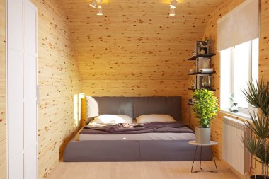 3D render mansard yatak odası iç tasarım