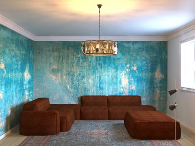 çatı katında salon eski boyalı duvarlar ile 3D render