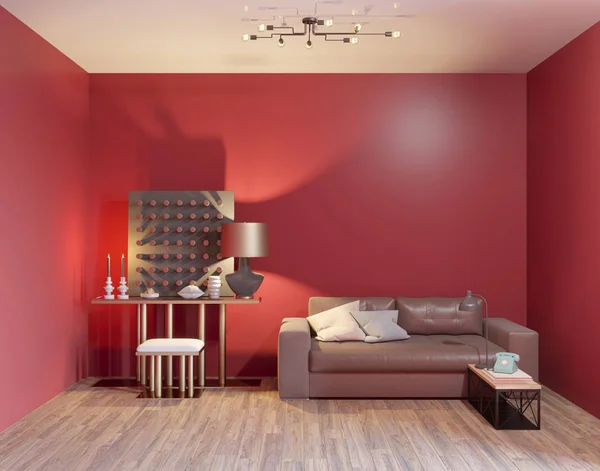 Rendering 3d di interni moderni soggiorno con pareti rosse — Foto Stock