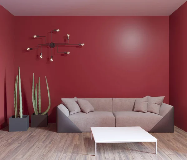 Rendering 3d del moderno soggiorno con divano bianco e pareti rosse — Foto Stock