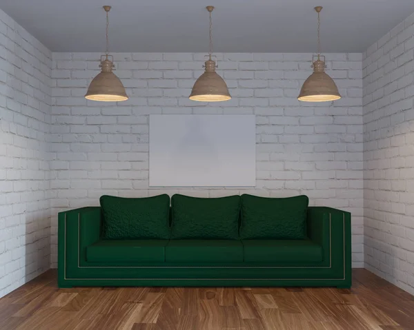 3d render bata apartemen interior dengan sofa hijau dan mock up — Stok Foto