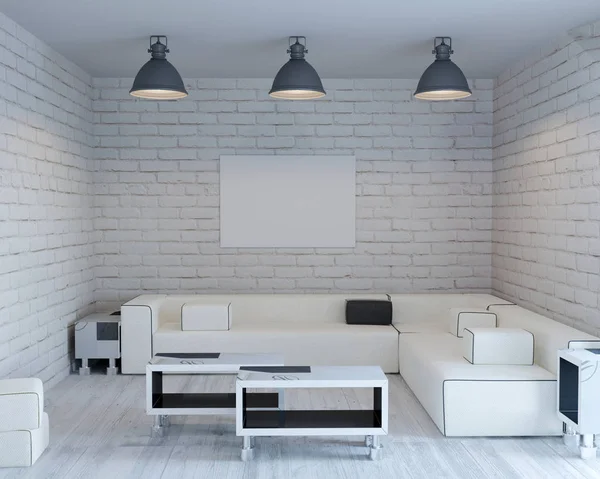 Renderingu 3D loft ceglane wnętrza z dużą sofą biały — Zdjęcie stockowe