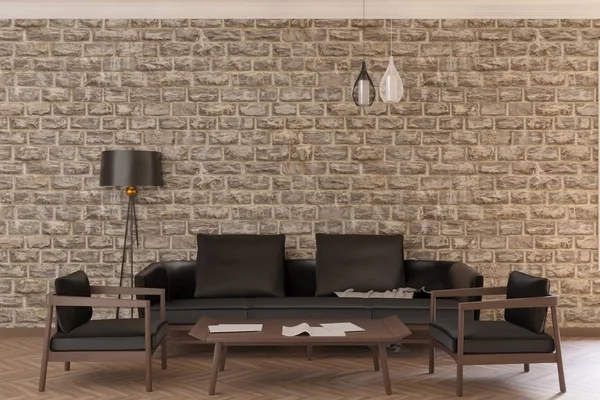 Rendering 3D di interni loft di lusso con divano in pelle nera — Foto Stock