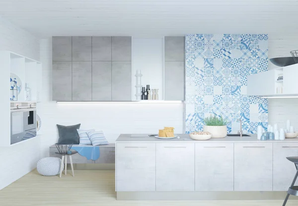 Rendering 3d di nuovi interni cucina contemporanea — Foto Stock