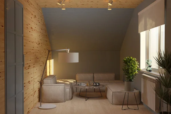 3d rendering of mansard guest room — Stock Photo, Image