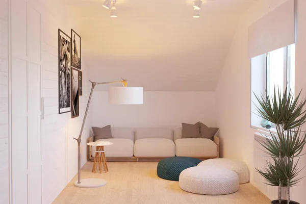 Rendering 3d di mansarda soggiorno bianco — Foto Stock