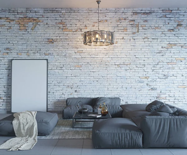 Rendering 3d di mattoni loft soggiorno — Foto Stock
