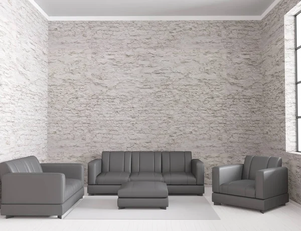 Rendering 3d ruang tamu interior loteng dengan sofa kulit diatur — Stok Foto