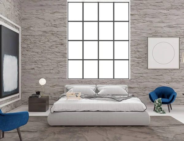 3D-rendering van loft slaapkamer interieur met oude oude bakstenen muren — Stockfoto