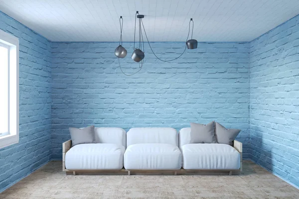 3d rendering dari loft livng interior kamar dengan bata biru — Stok Foto