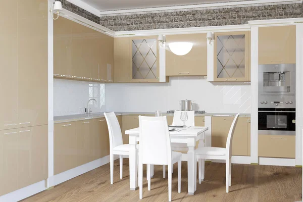 3d representación del interior de la cocina clásica en color beige — Foto de Stock