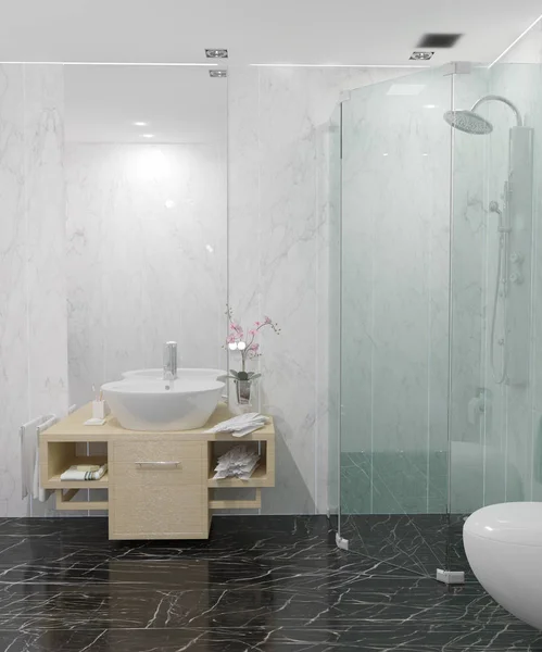 3d renderização do banheiro contemporâneo com paredes de mármore — Fotografia de Stock