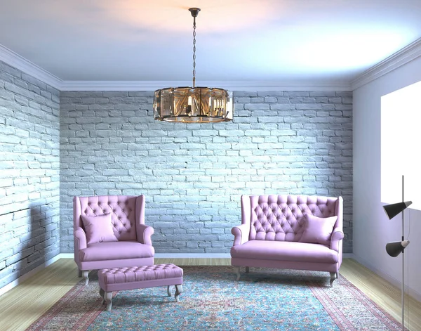 3d rendering ruang tamu loteng dengan dinding bata — Stok Foto