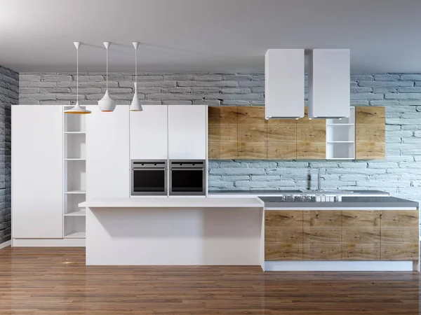 3d representación de la cocina contemporánea en blanco y madera — Foto de Stock