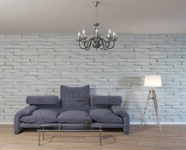 Rendering 3d di soppalco soggiorno con muro di mattoni — Foto Stock