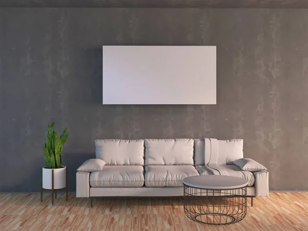 Rendering 3d di interior design con divano bianco e modellare tela — Foto Stock