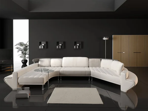 Rendering 3d di divano bianco in nero interno moderno — Foto Stock