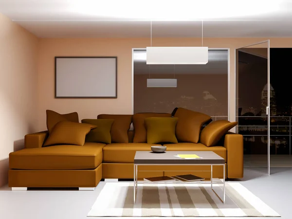 3d rendering di mattoni loft soggiorno con divano color cognac — Foto Stock