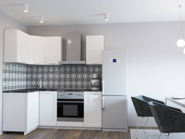 Modern mutfak iç dekorasyonunun 3D görüntüsü