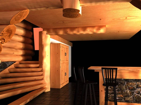 三维渲染桑拿和木制酒吧内部的石头 — 图库照片