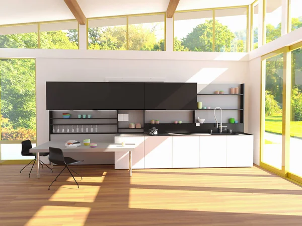 Rendering 3d di nuovi interni cucina in grande villa — Foto Stock