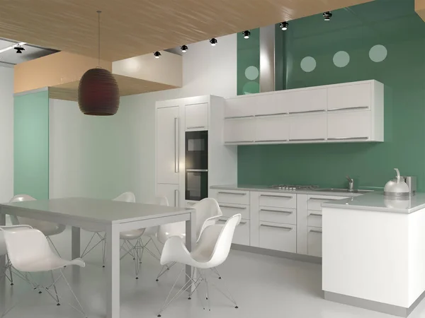 Rendering 3d della nuova cucina contemporanea in colore bianco e menta — Foto Stock