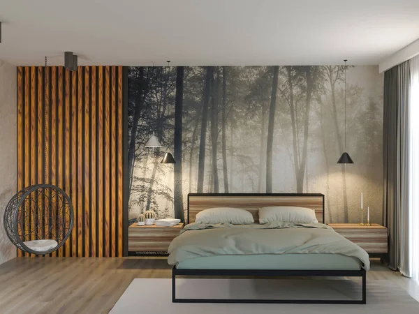 Rendering New Mysterious Loft Interior Wooden Planks Bedroom Idea — Stock Photo, Image